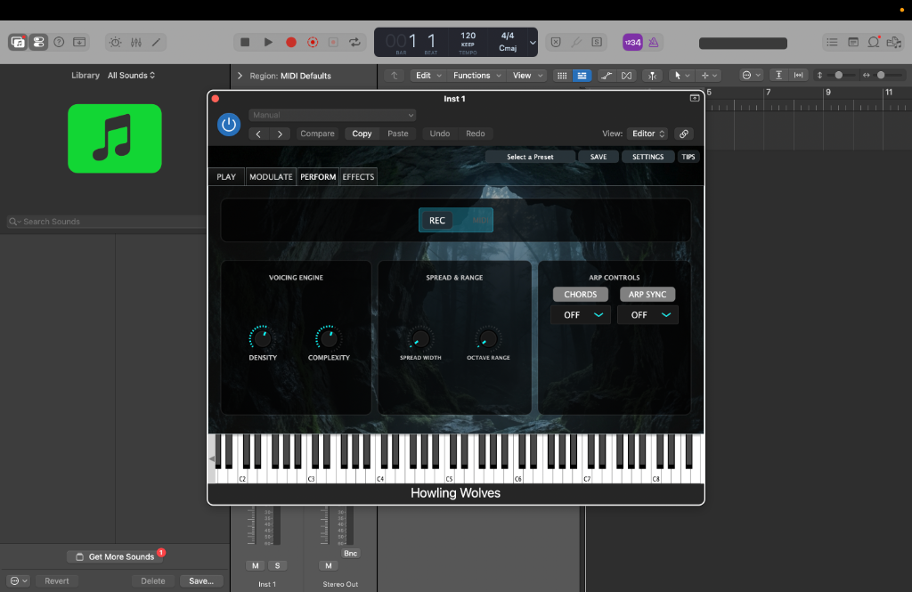 Perform Tab – Voicing Engine, Arp Controls, MIDI Record