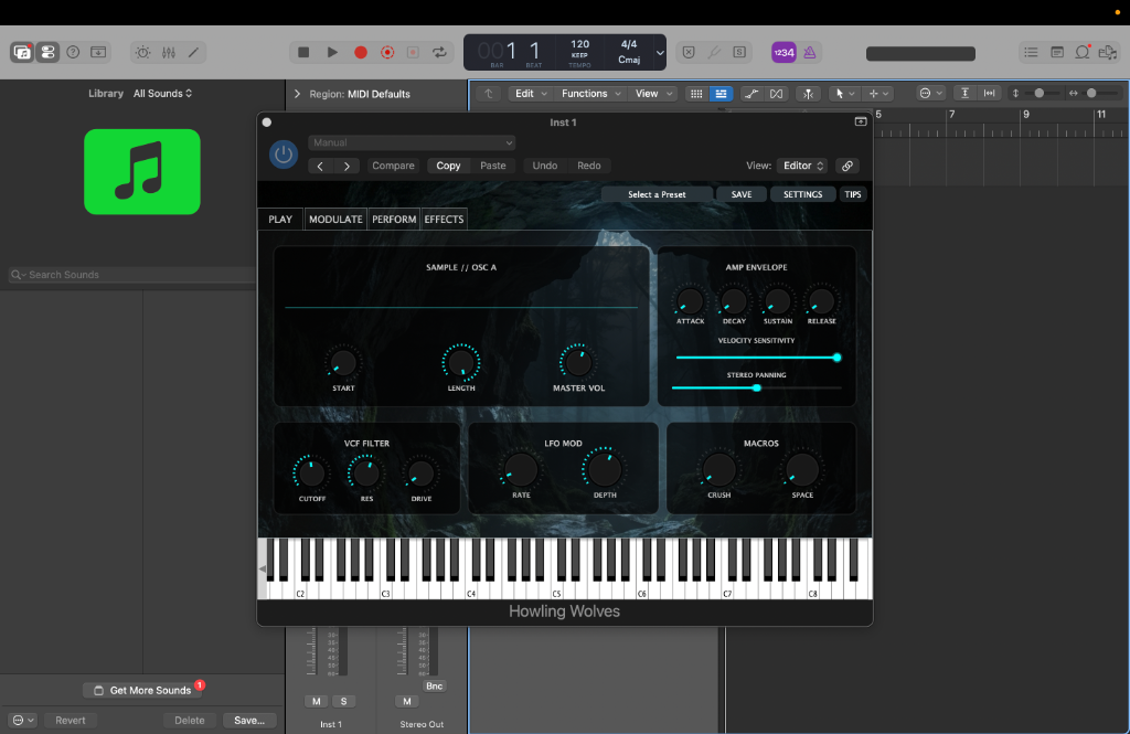 Play Tab – Sample controls, VCF Filter, LFO Mod, Macros